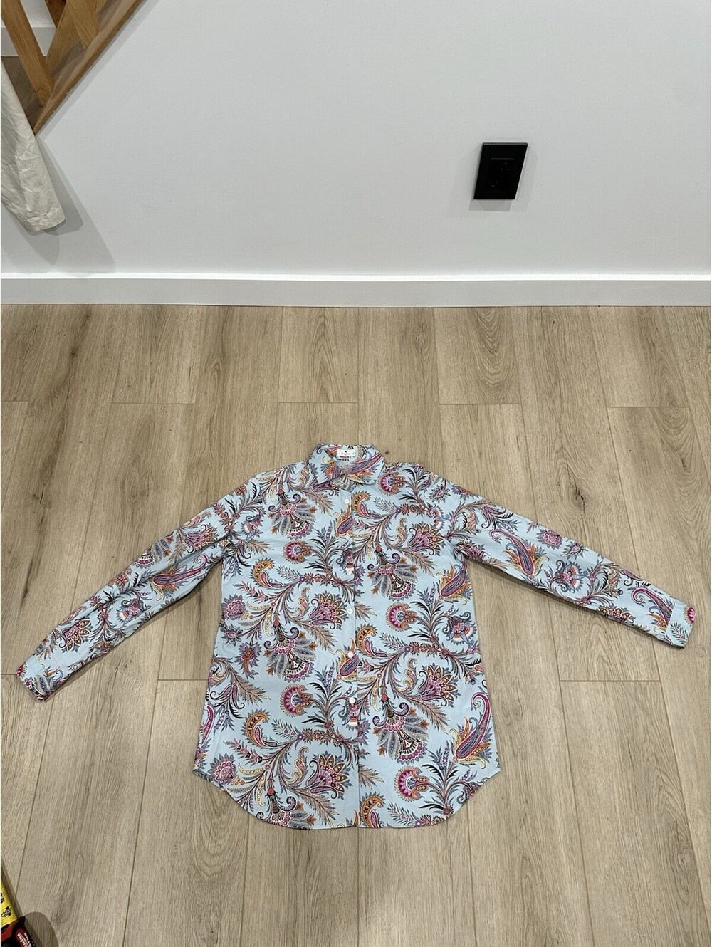 ETRO Women's Blue Paisley Print Stretch Cotton Shirt Made in Italy Size 42